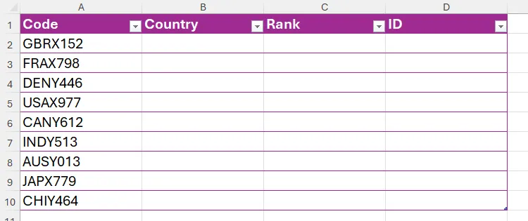 Danh sách các mã số trong Excel, với các cột kế tiếp được chuẩn bị để tách mã thành ba thành phần khác nhau.