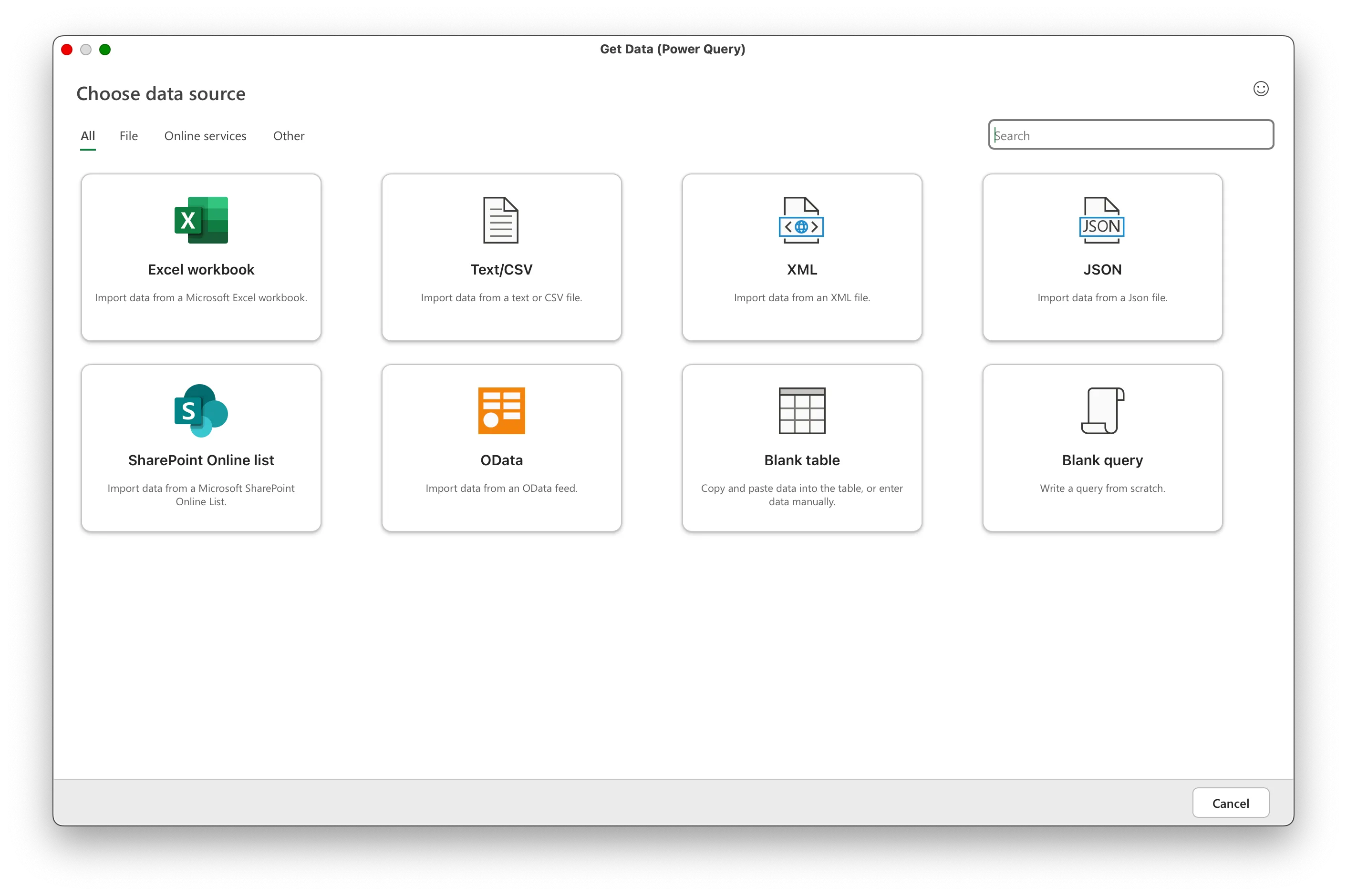 Danh sách các nguồn dữ liệu có thể kết nối thông qua Power Query trong Excel, thể hiện khả năng nhập dữ liệu đa dạng.