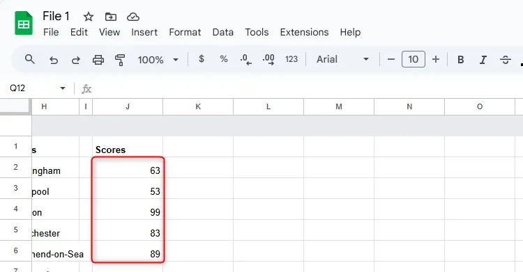 Danh sách điểm số trong một tệp Google Sheet có tên Tệp 1.