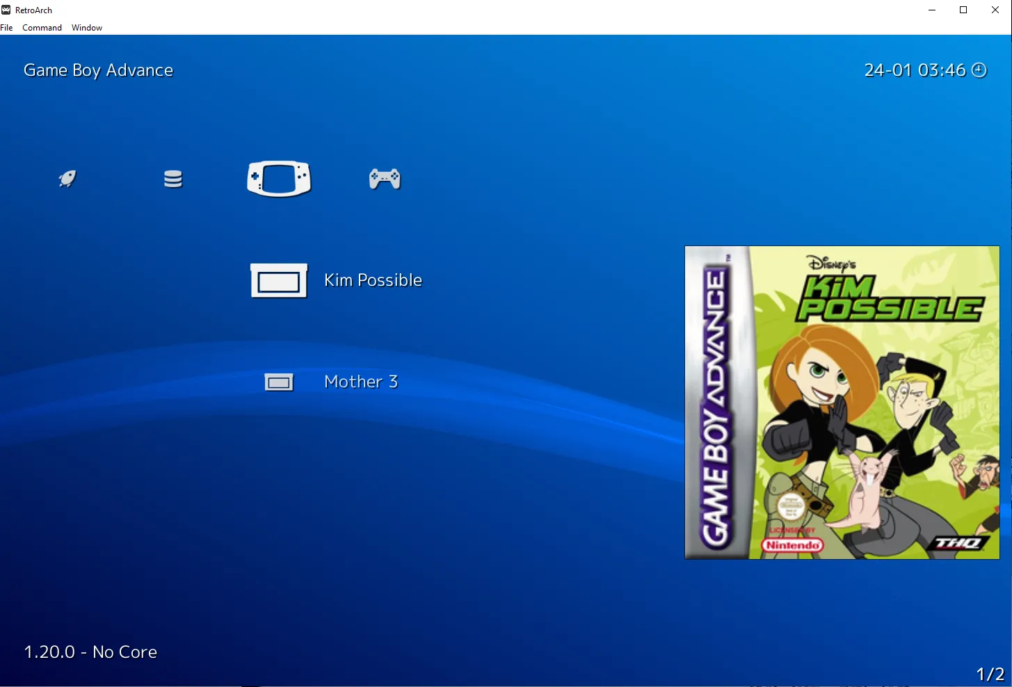 Danh sách game trong RetroArch, với game Kim Possible được chọn