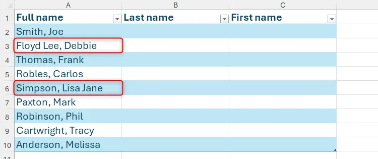 Danh sách tên trong bảng Excel với các tên có nhiều hơn một từ ở họ hoặc tên riêng được làm nổi bật, gây ra lỗi khi tách.