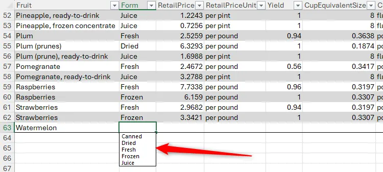 Danh sách thả xuống tạm thời các giá trị hiện có trong một cột Excel