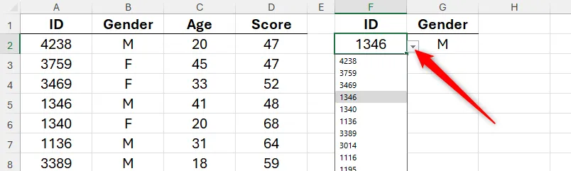 Danh sách thả xuống trong ô F2 của Excel hiển thị các tùy chọn ID có sẵn để lựa chọn