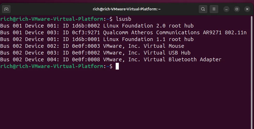 Danh sách thiết bị USB hiển thị trong Ubuntu terminal sau khi chạy lệnh lsusb.