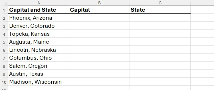 Danh sách thủ đô và tiểu bang trong cột A của Microsoft Excel, với cột B và C được chuẩn bị để tách thành các tập dữ liệu riêng lẻ.
