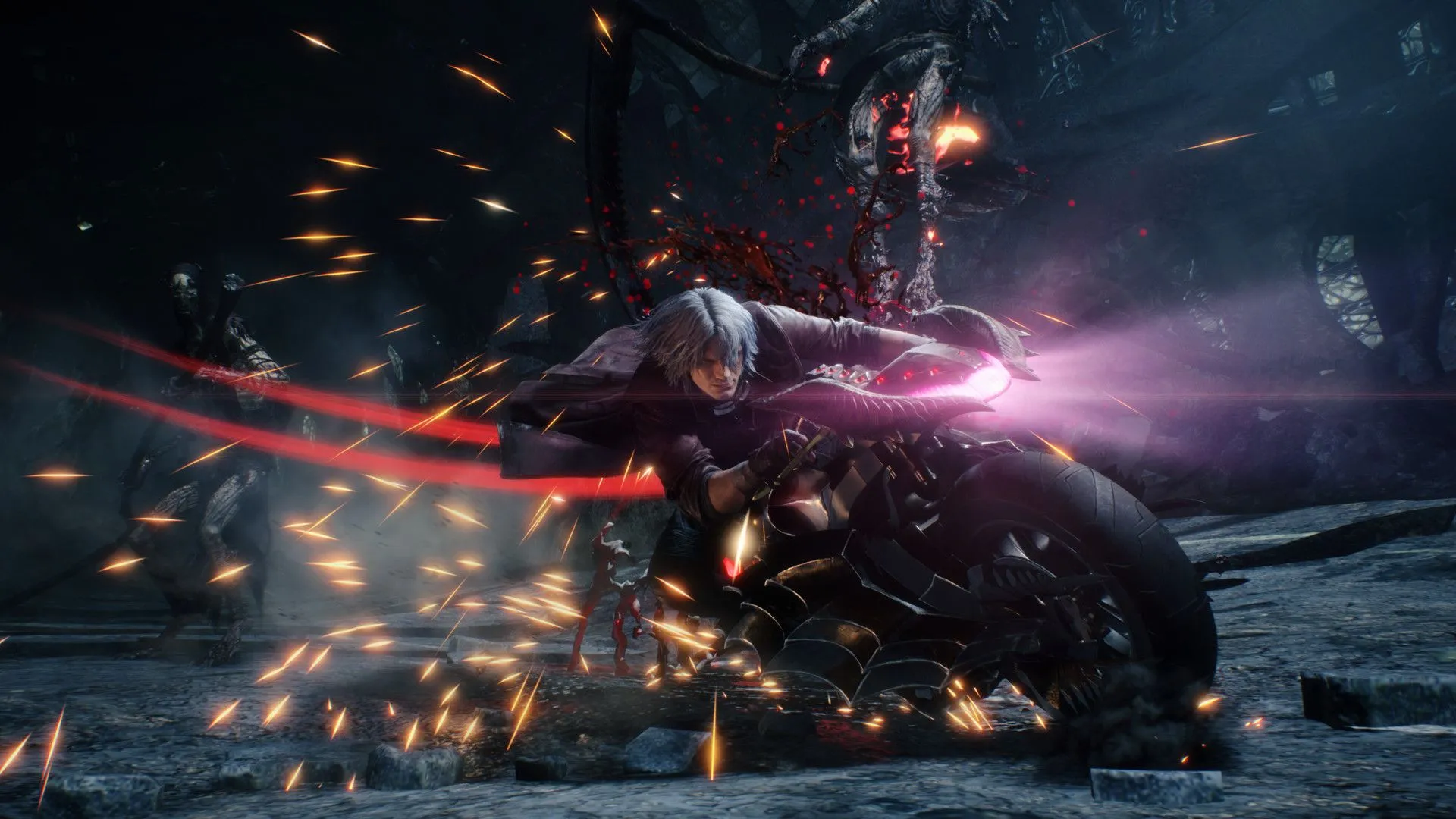 Dante cưỡi quái vật Cavalier trong Devil May Cry 5, một game hành động có phiên bản Special Edition hỗ trợ chế độ turbo mode nhưng đòi hỏi phần cứng cao.