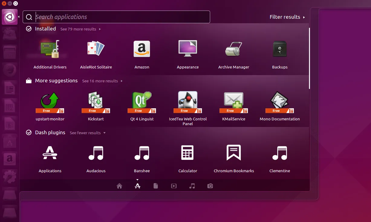Dash ứng dụng trong giao diện Unity của Ubuntu 15.04