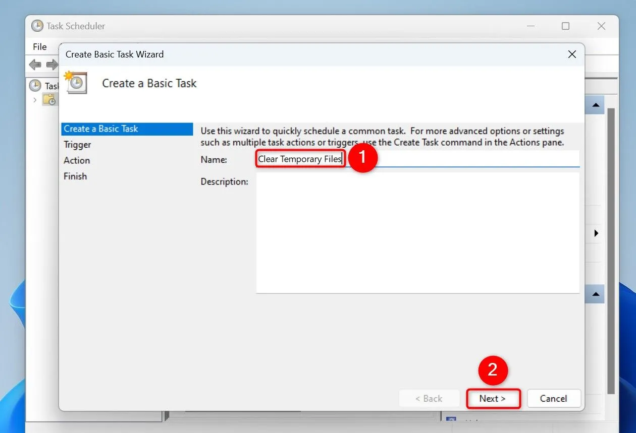 Đặt tên nhiệm vụ mới là &quot;Clear Temporary Files&quot; trong cửa sổ tạo tác vụ cơ bản của Task Scheduler.