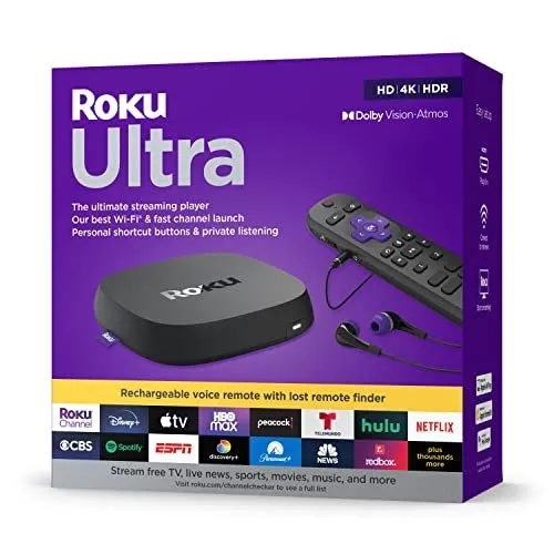 Đầu phát trực tuyến Roku Ultra (2024) màu đen trên nền trắng