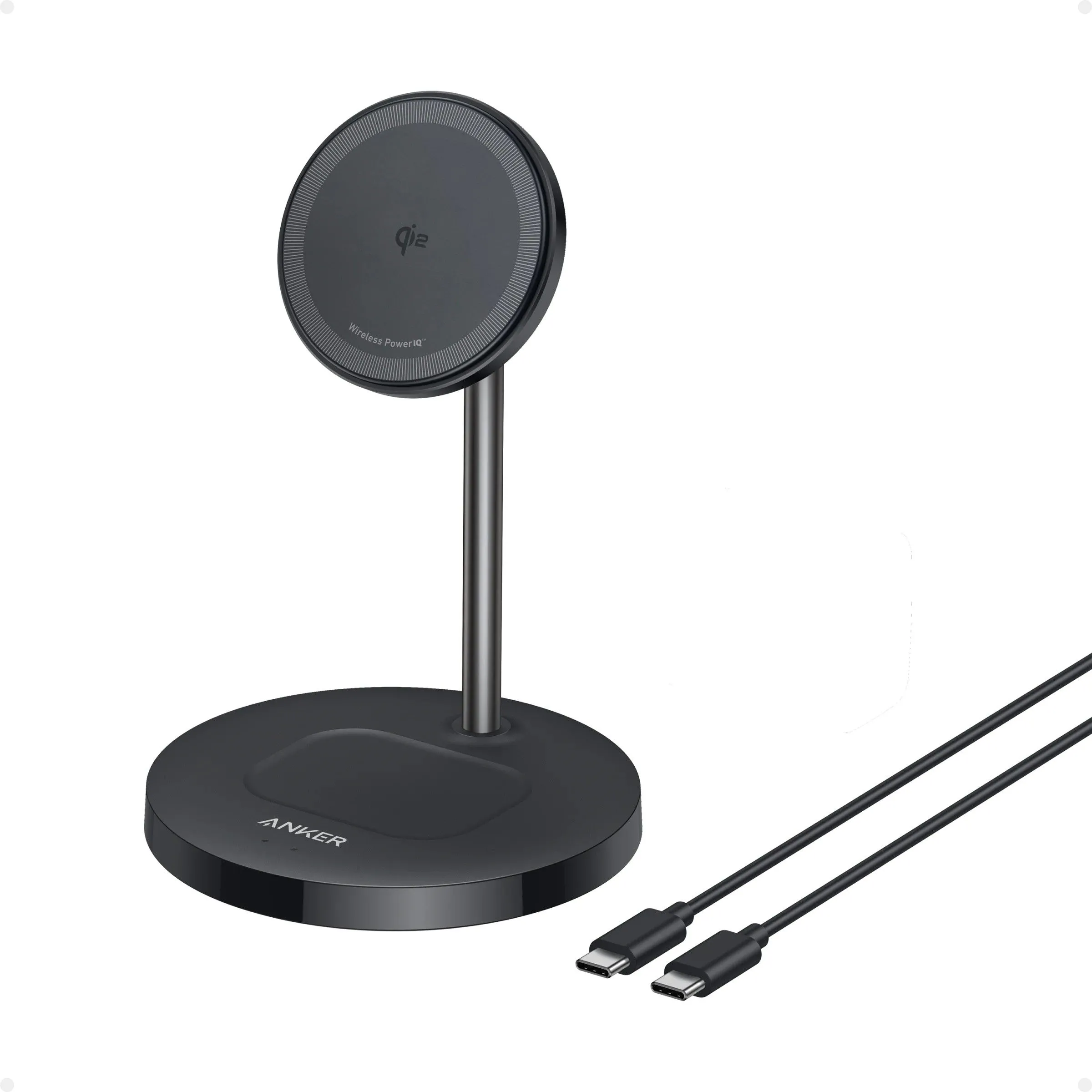 Đế sạc không dây Anker MagGo 2-in-1 màu đen hỗ trợ MagSafe, đặt trên nền trắng