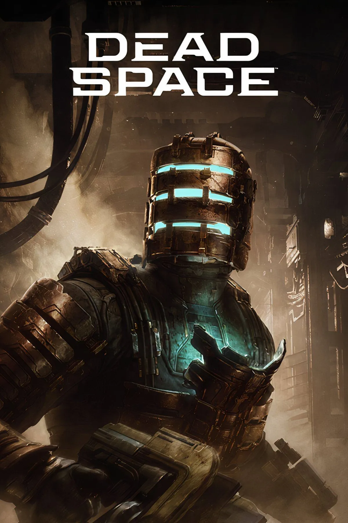 Dead Space (2023) - Isaac Clarke với bộ giáp kỹ sư của mình, đối mặt với Necromorph trong một hành lang tối tăm của con tàu USG Ishimura.