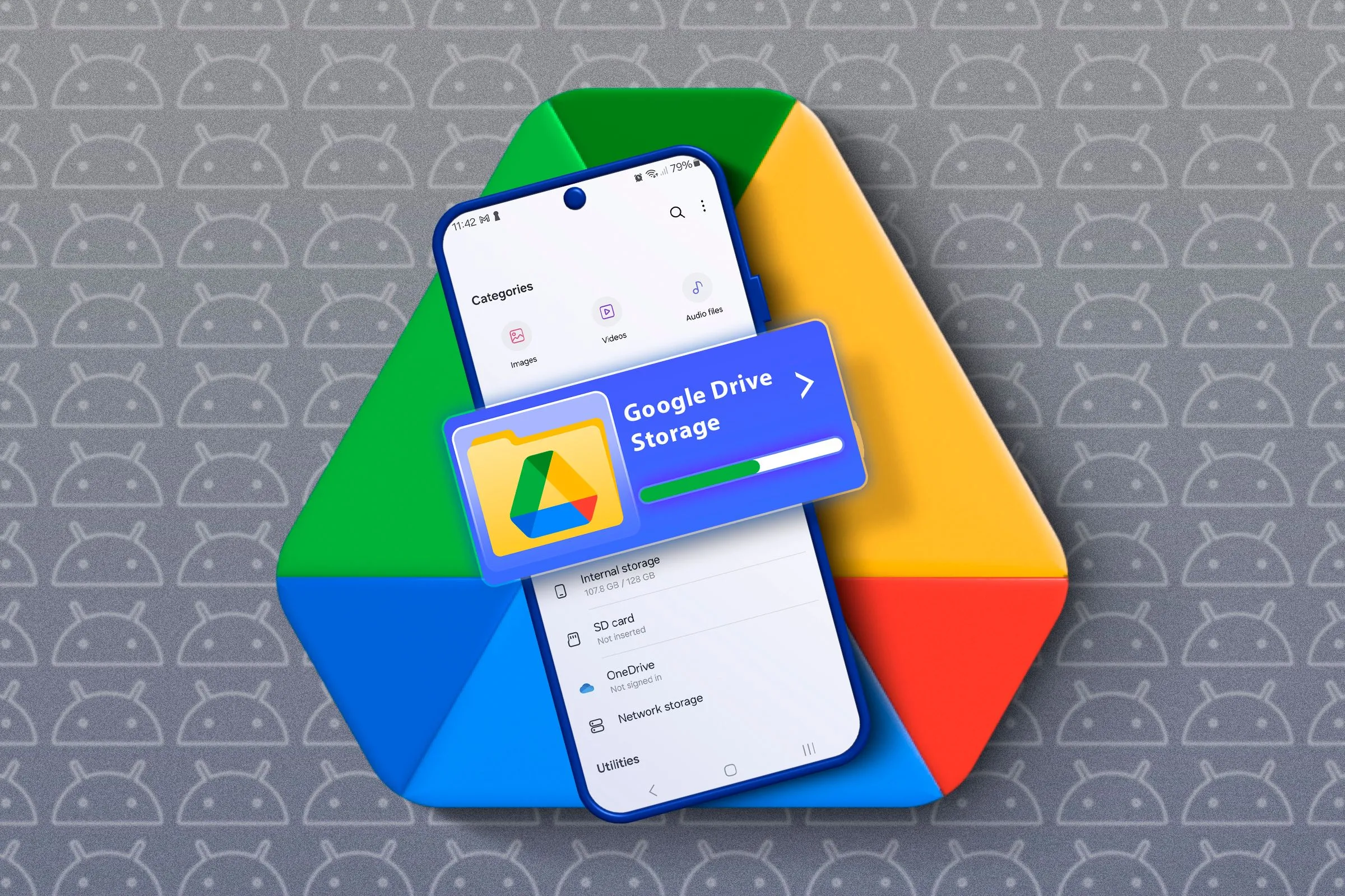 Điện thoại đặt trên logo Google Drive, hiển thị trình quản lý tệp và dung lượng lưu trữ, minh họa việc chuyển ảnh từ điện thoại sang PC