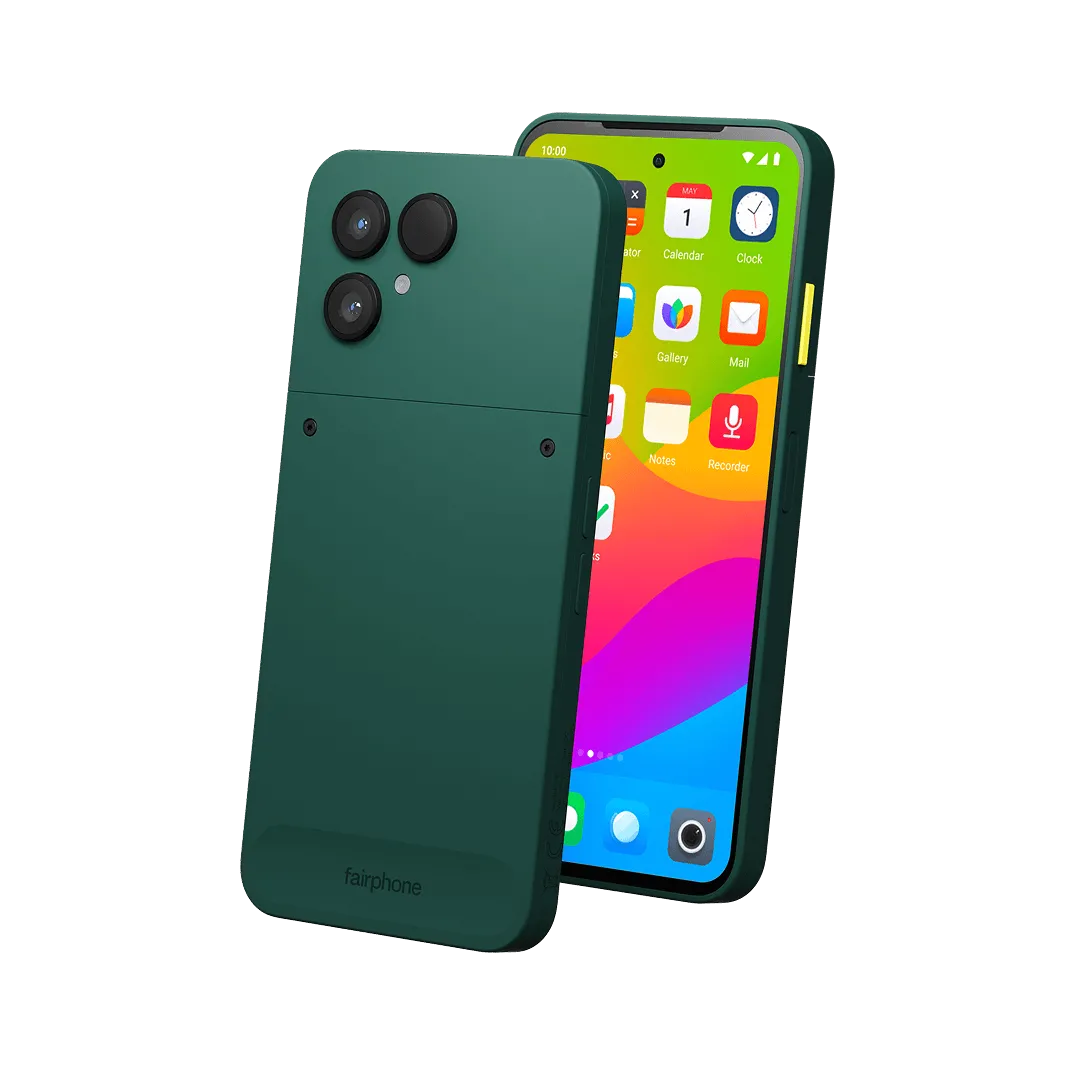 Điện thoại Fairphone 6 màu đen trên nền trắng, nổi bật thiết kế mô-đun và màn hình lớn