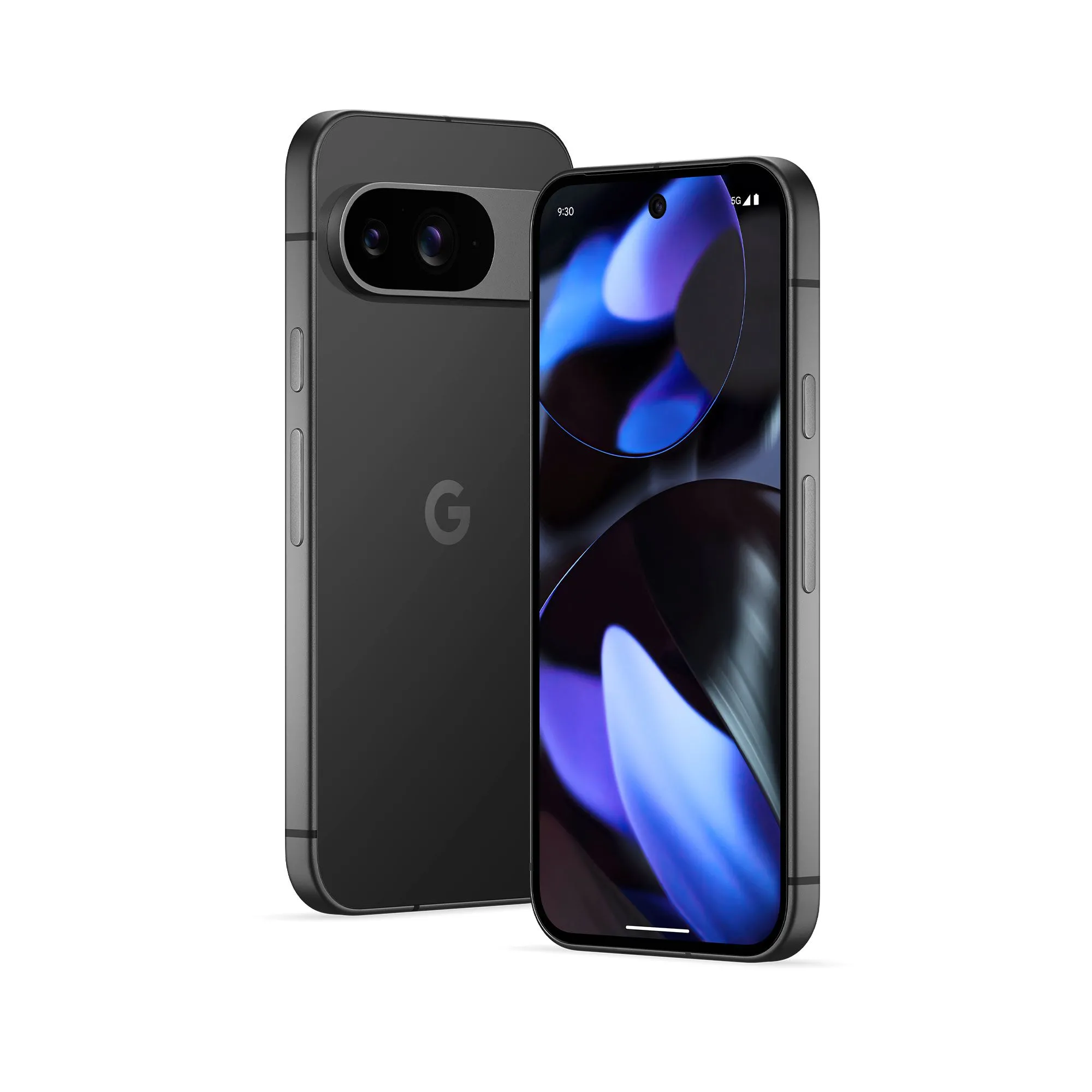 Điện thoại Google Pixel 9 màu Obsidian trên nền trắng, nổi bật thiết kế camera mới