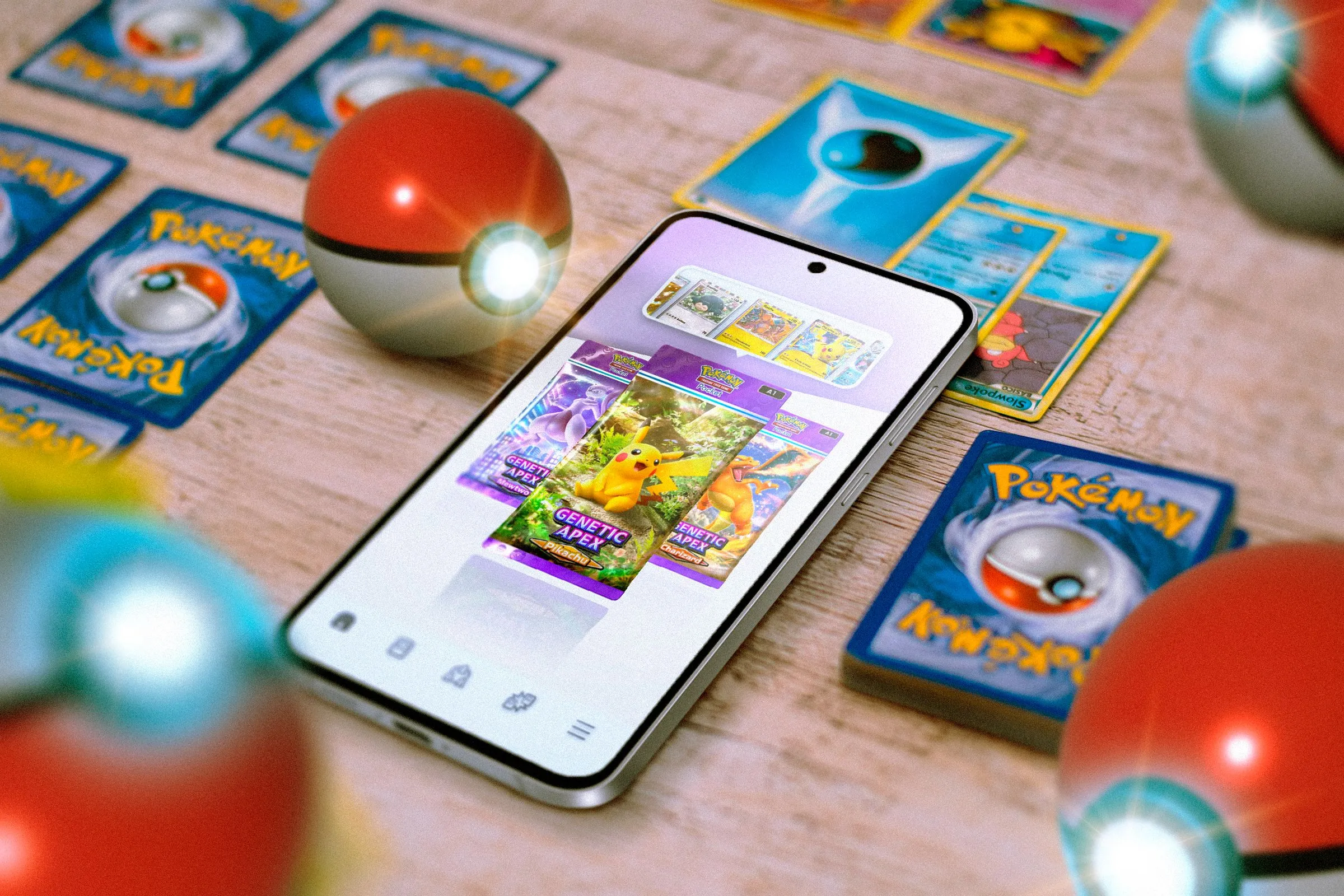 Điện thoại hiển thị game Pokémon TCG cùng các thẻ bài và Poké Ball, thể hiện sự đa dạng của trò chơi gacha