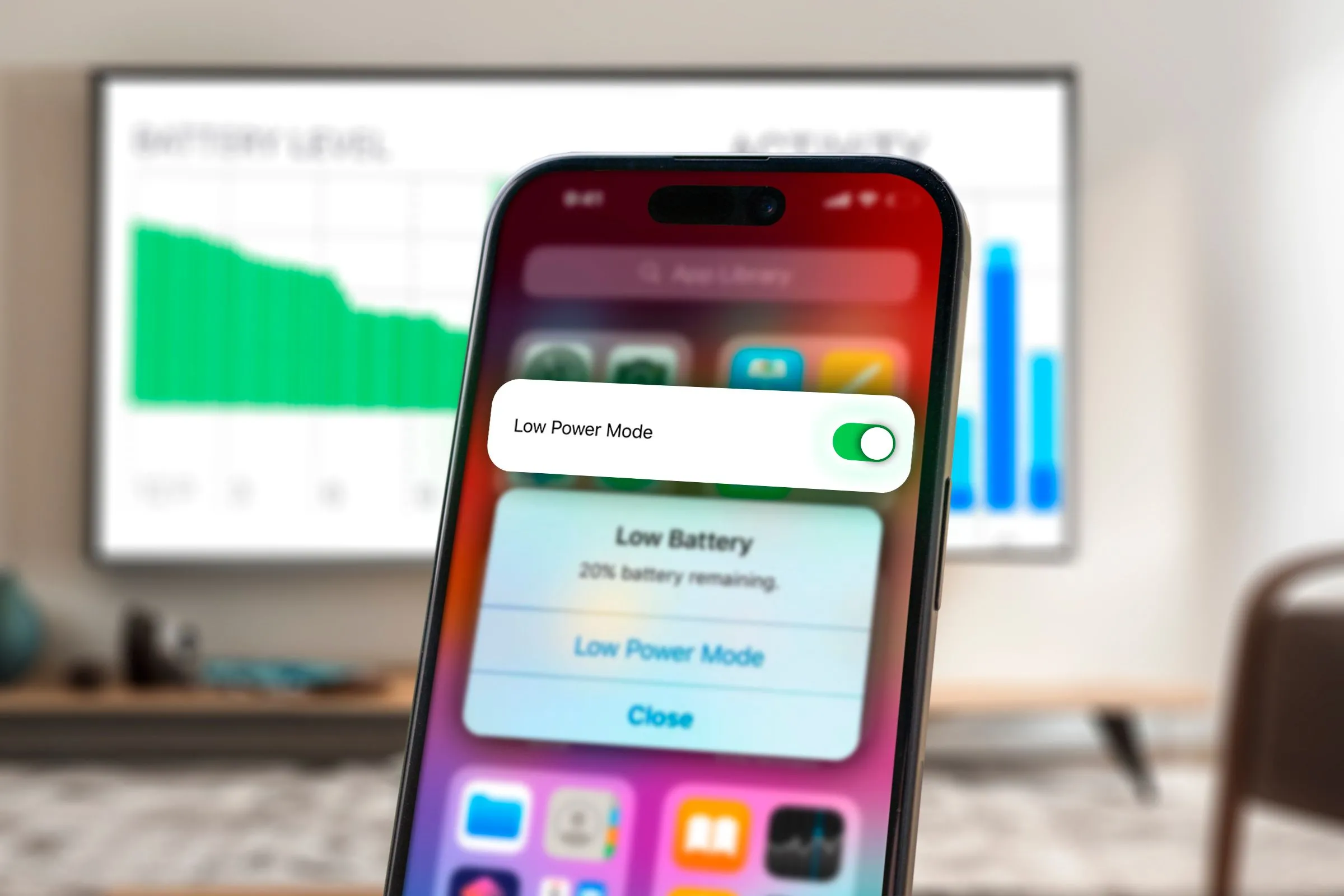 Điện thoại iPhone hiển thị cảnh báo pin yếu và công tắc chế độ Năng lượng thấp (Low Power Mode) đang bật, biểu tượng cho mong muốn tiết kiệm năng lượng cho cơ thể.