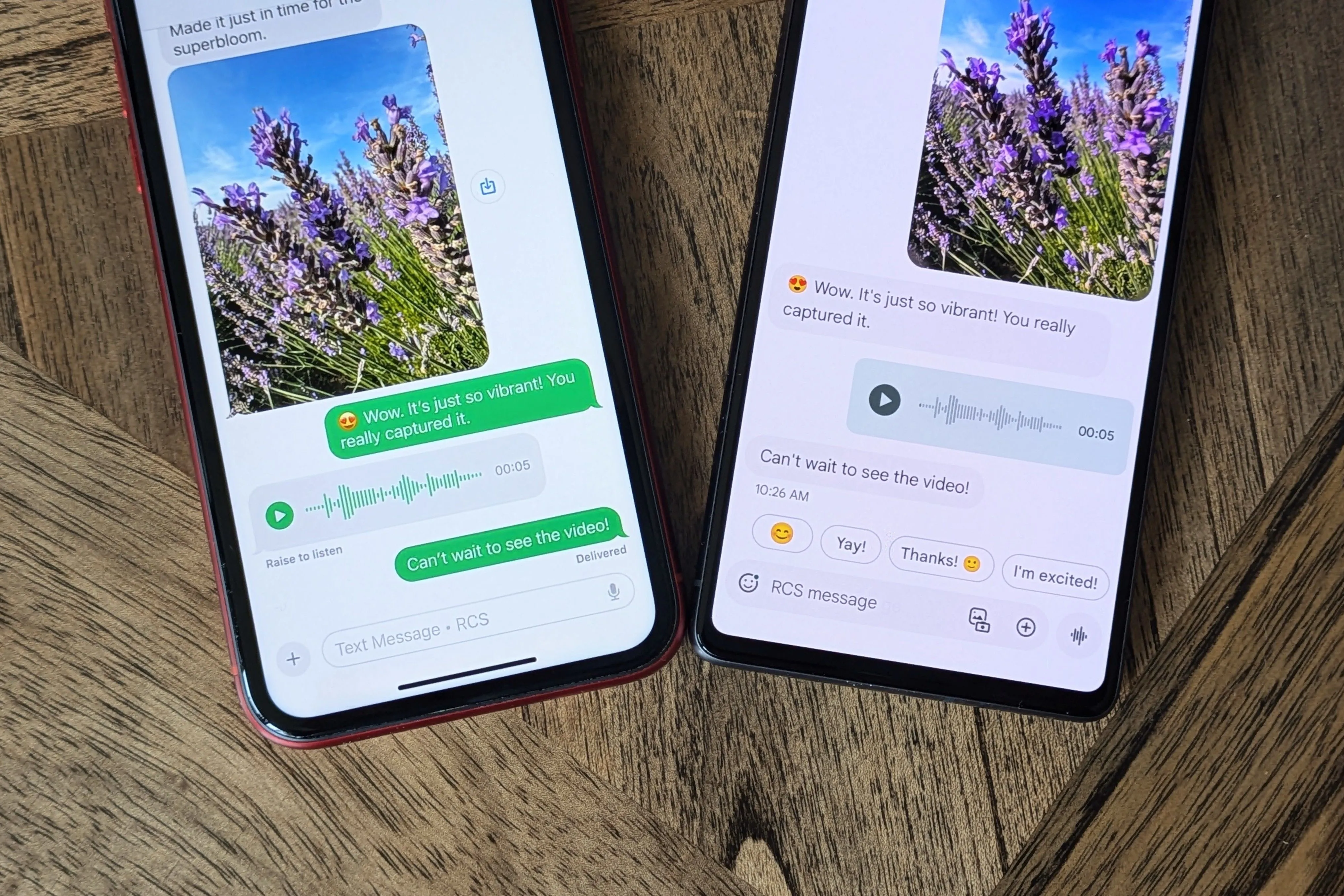 Điện thoại iPhone và Android đang nhắn tin với tính năng RCS, thể hiện khả năng tương thích đa nền tảng