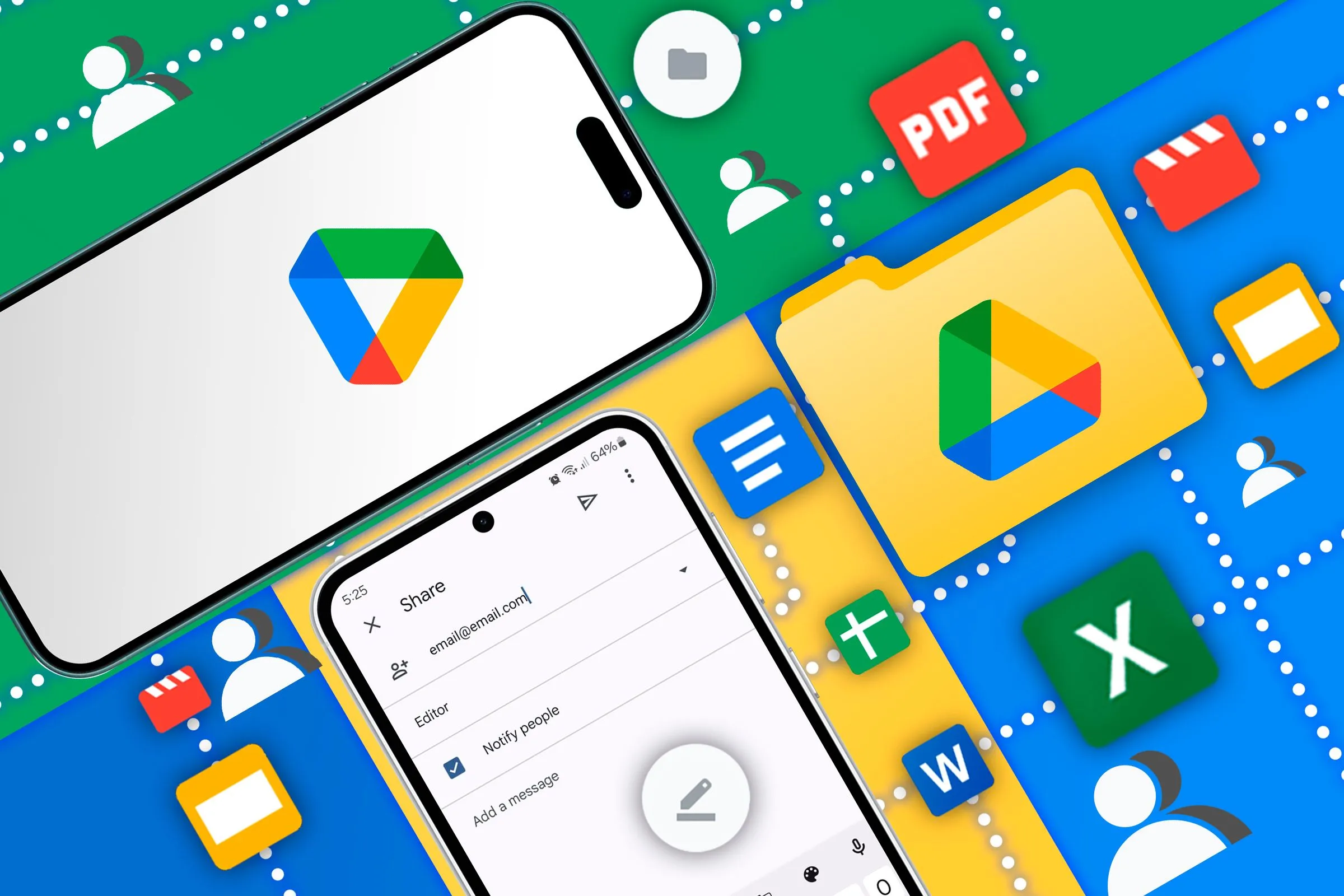 Điện thoại iPhone với logo Google Drive và điện thoại Android trên màn hình chia sẻ thư mục, với logo Drive và các biểu tượng Google Workspace