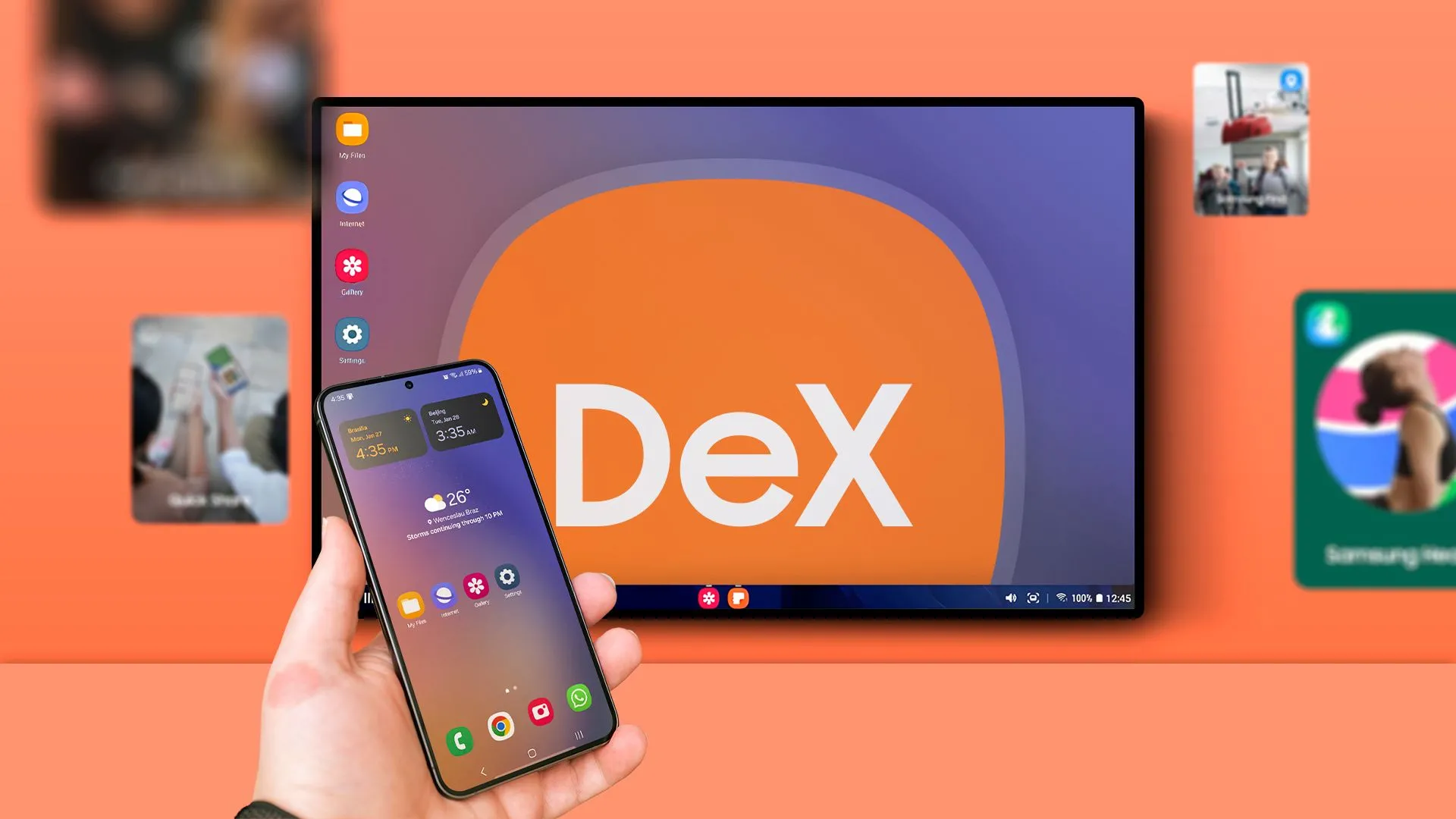 Điện thoại Samsung hiển thị giao diện DeX trên màn hình ngoài
