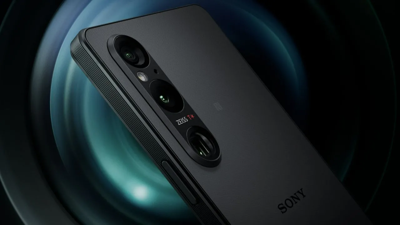 Điện thoại Sony Xperia 1 V màu đen trên nền cách điệu