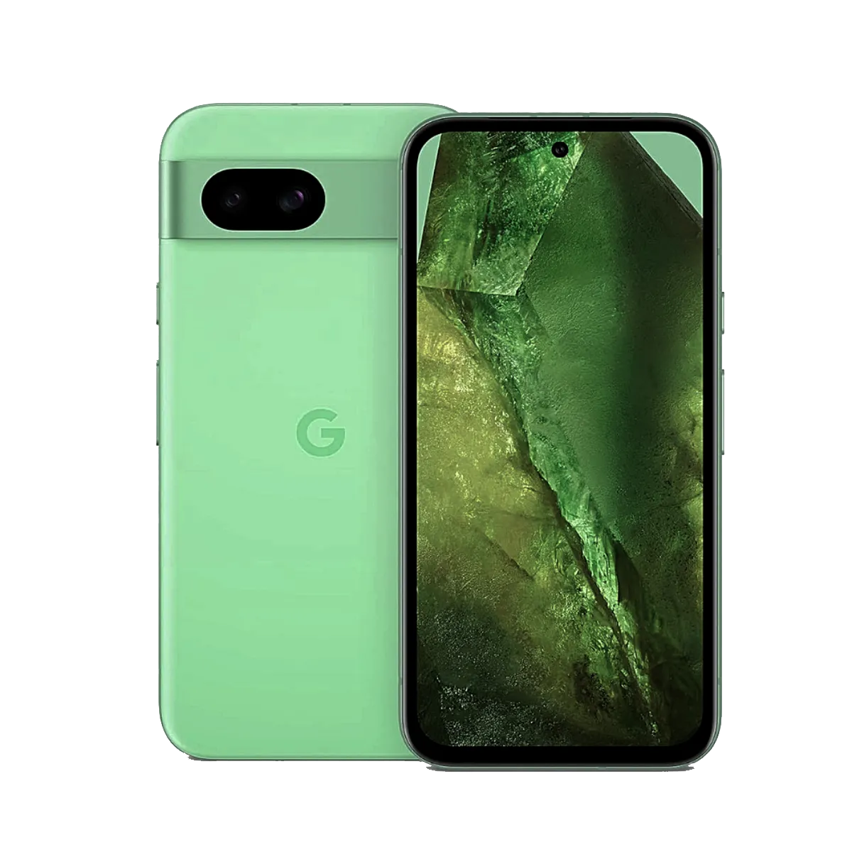 Điện thoại thông minh Google Pixel 8a màu đen hiển thị màn hình chính.