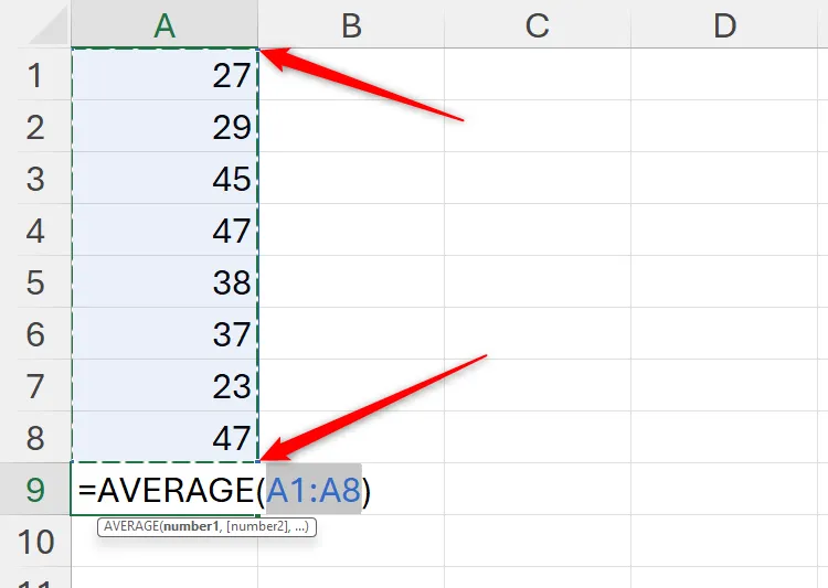 Điều chỉnh vùng chọn ô trong một phép tính Excel tại ô A9, hiển thị các điểm kéo ở góc để thay đổi phạm vi dữ liệu.