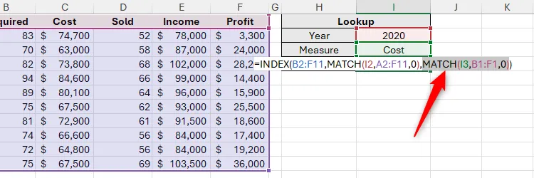 Đối số MATCH lồng trong công thức INDEX của Excel được chọn để gỡ lỗi bằng F9.