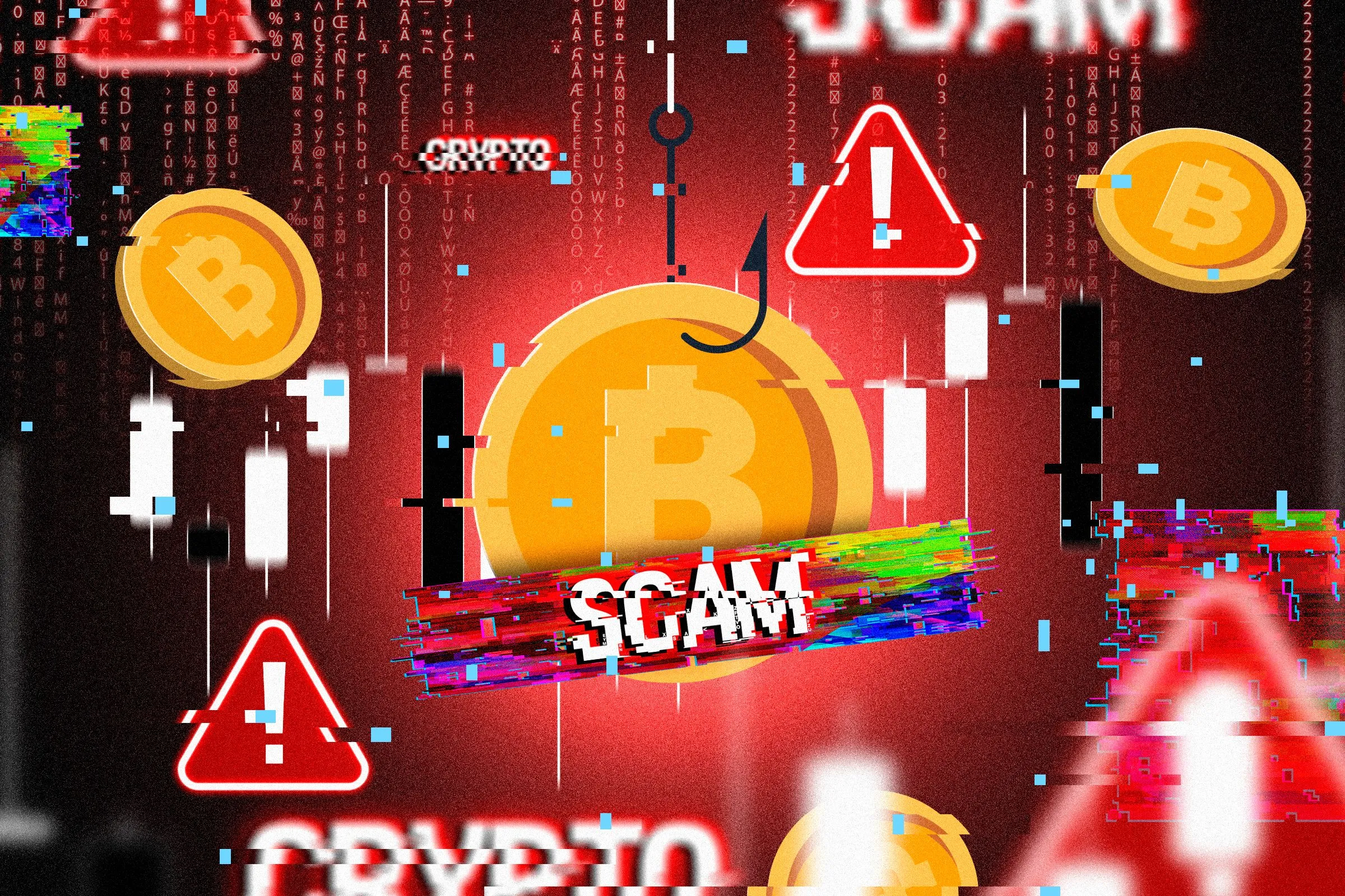 Đồng Bitcoin bị mắc câu, biểu tượng cảnh báo lừa đảo tiền mã hóa trong mùa lễ hội