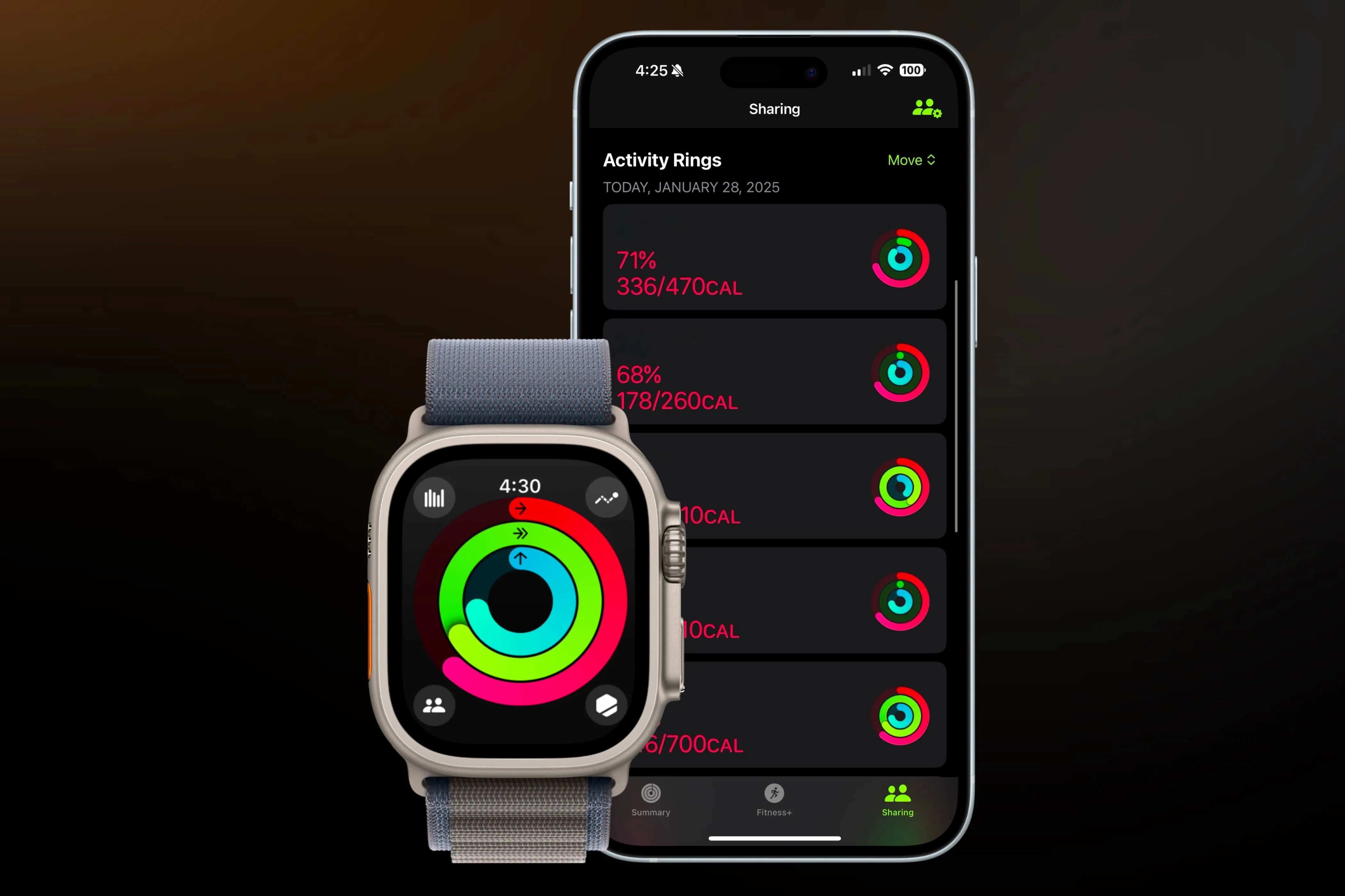 Đồng hồ Apple Watch và iPhone hiển thị ứng dụng Fitness, minh họa tính năng thi đấu 1-1