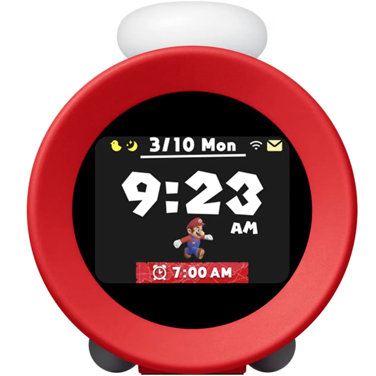 Đồng hồ báo thức Nintendo Alarmo nhìn từ phía trước, hiển thị chủ đề Mario với nền màu đỏ tươi.