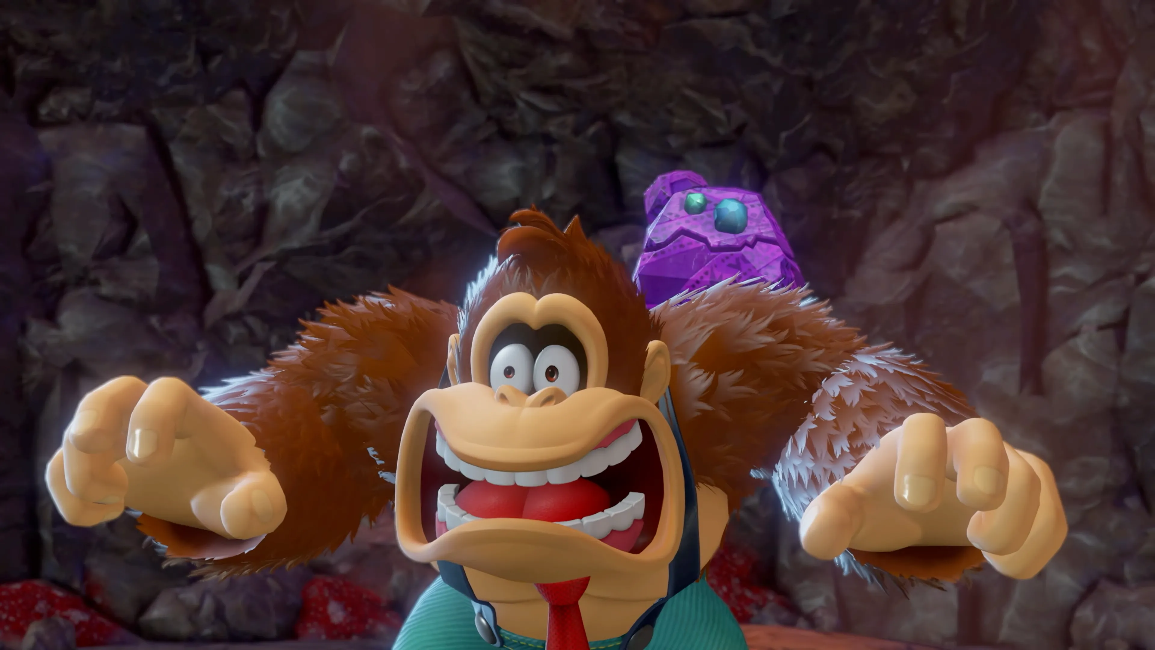 Donkey Kong với biểu cảm ngạc nhiên trong một phân cảnh của trò chơi Donkey Kong Bananza.
