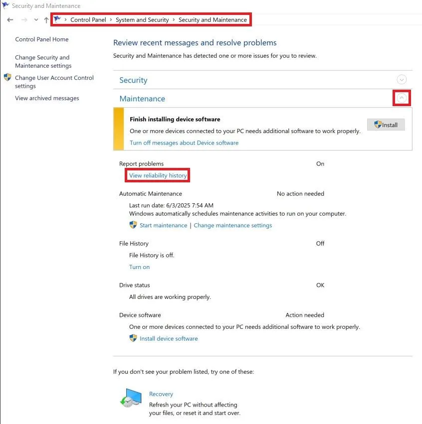 Đường dẫn truy cập Giám sát độ tin cậy Windows qua Control Panel trên Windows 11