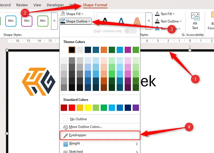 Đường viền slide trong PowerPoint được chọn, và công cụ Eyedropper trong menu thả xuống Shape Outline được làm nổi bật.