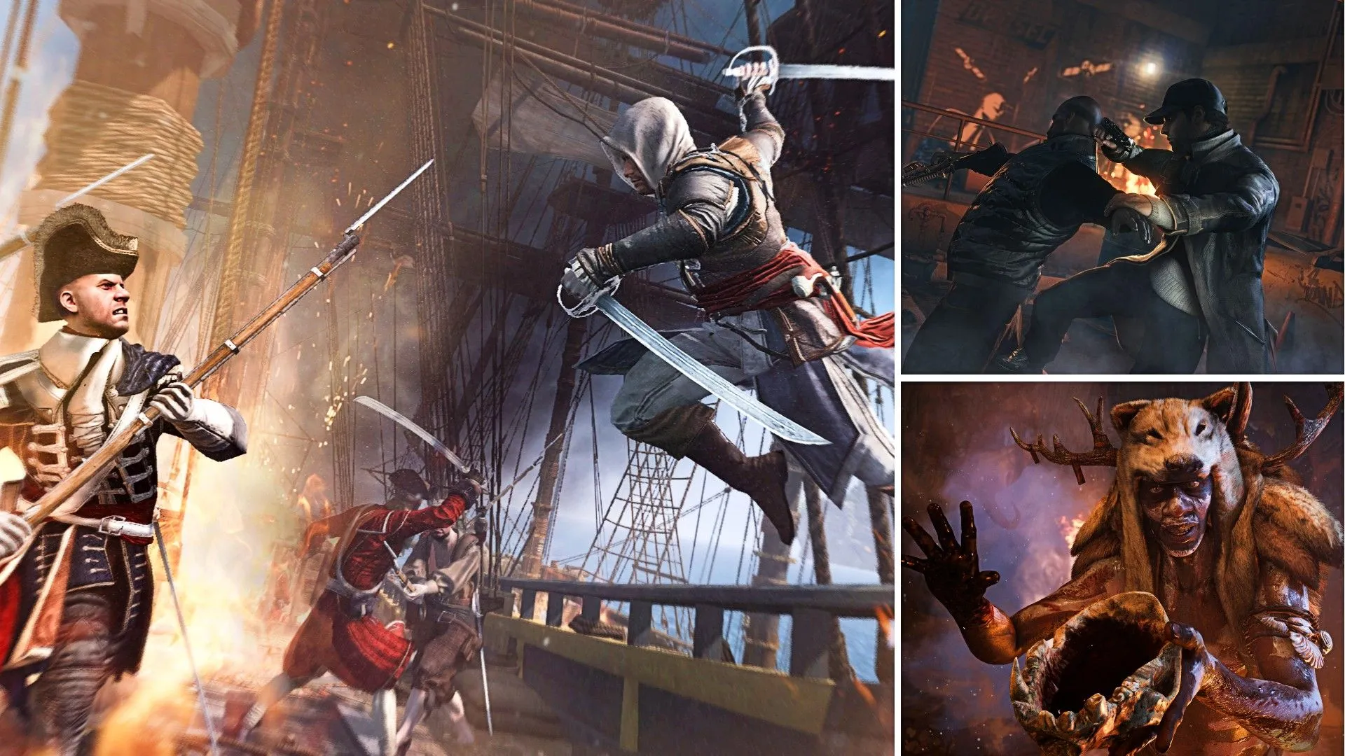 Edward Kenway từ Assassin's Creed IV Black Flag chiến đấu với Templar, Aiden Pearce từ Watch Dogs tấn công vệ sĩ, và một pháp sư trong Far Cry Primal cầm đầu lâu, minh họa sự liên kết vũ trụ Ubisoft.