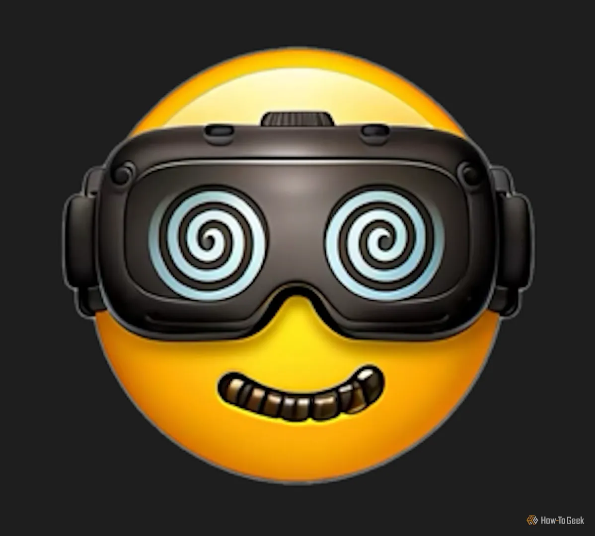 Emoji đeo kính VR với mắt xoáy và &quot;răng&quot; kỳ cục do Genmoji tạo ra, minh họa một trong những kết quả &quot;tệ&quot; của AI.
