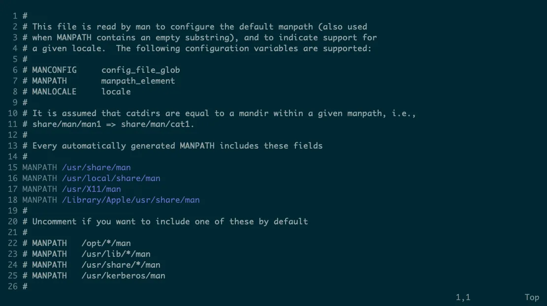 File cấu hình văn bản của Linux với các cài đặt và chú thích giải thích biến MANPATH, thể hiện sự đơn giản và minh bạch trong cấu hình hệ thống.