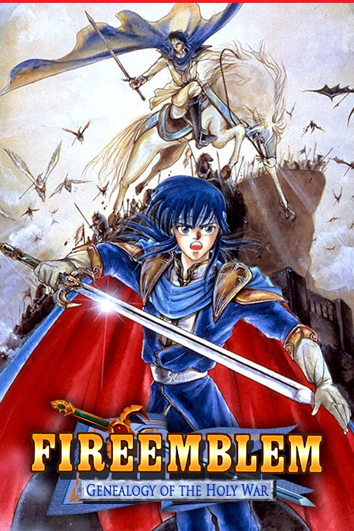 Fire Emblem: Genealogy of the Holy War - Bìa game thể hiện các nhân vật chính Sigurd và Seliph, cùng với biểu tượng của một cuộc chiến tranh sử thi.