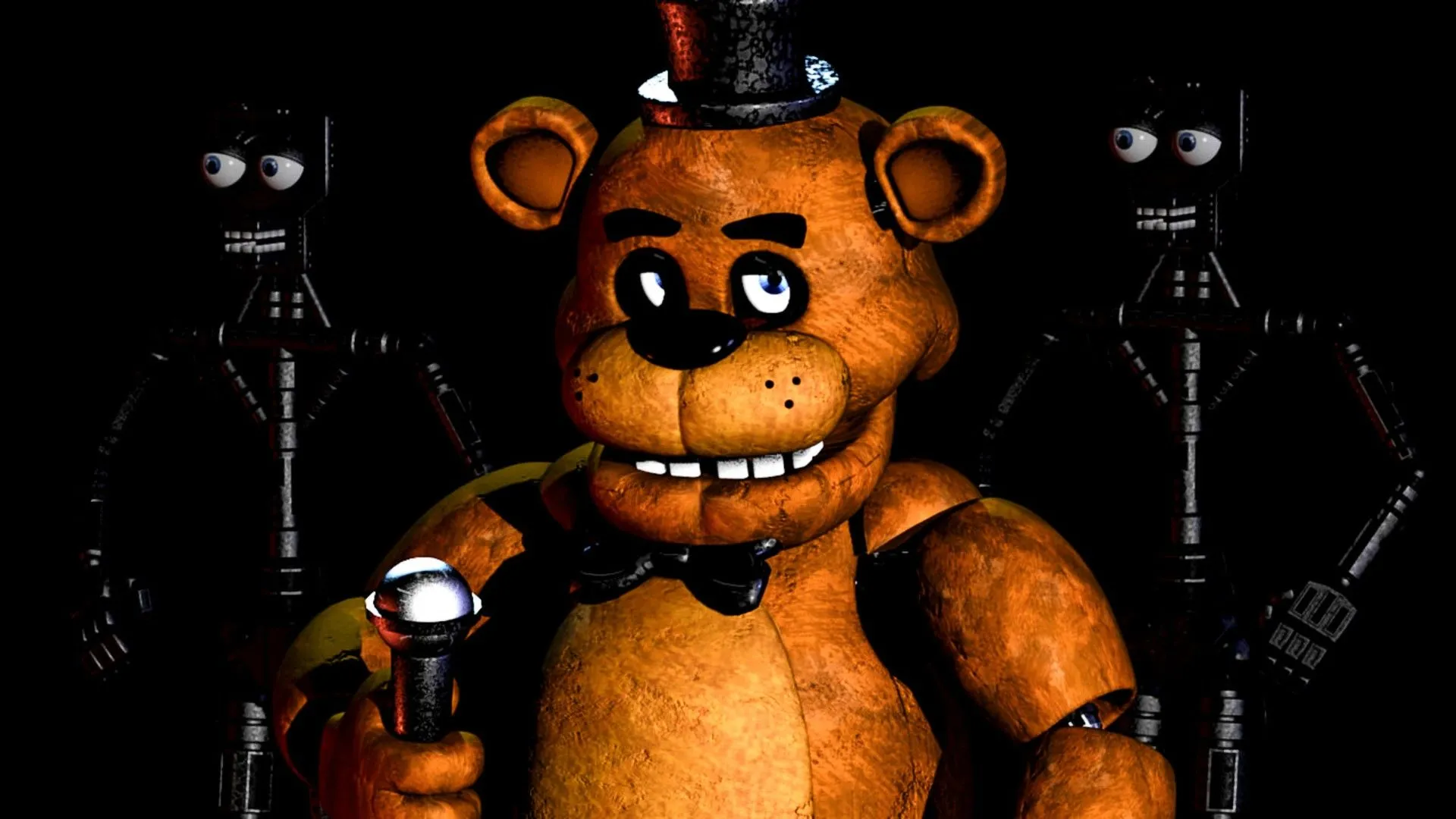 Freddy Fazbear cầm mic đứng cạnh các robot hoạt hình khác trong game Five Nights At Freddy's, minh họa cho cốt truyện kinh dị bí ẩn của loạt game.