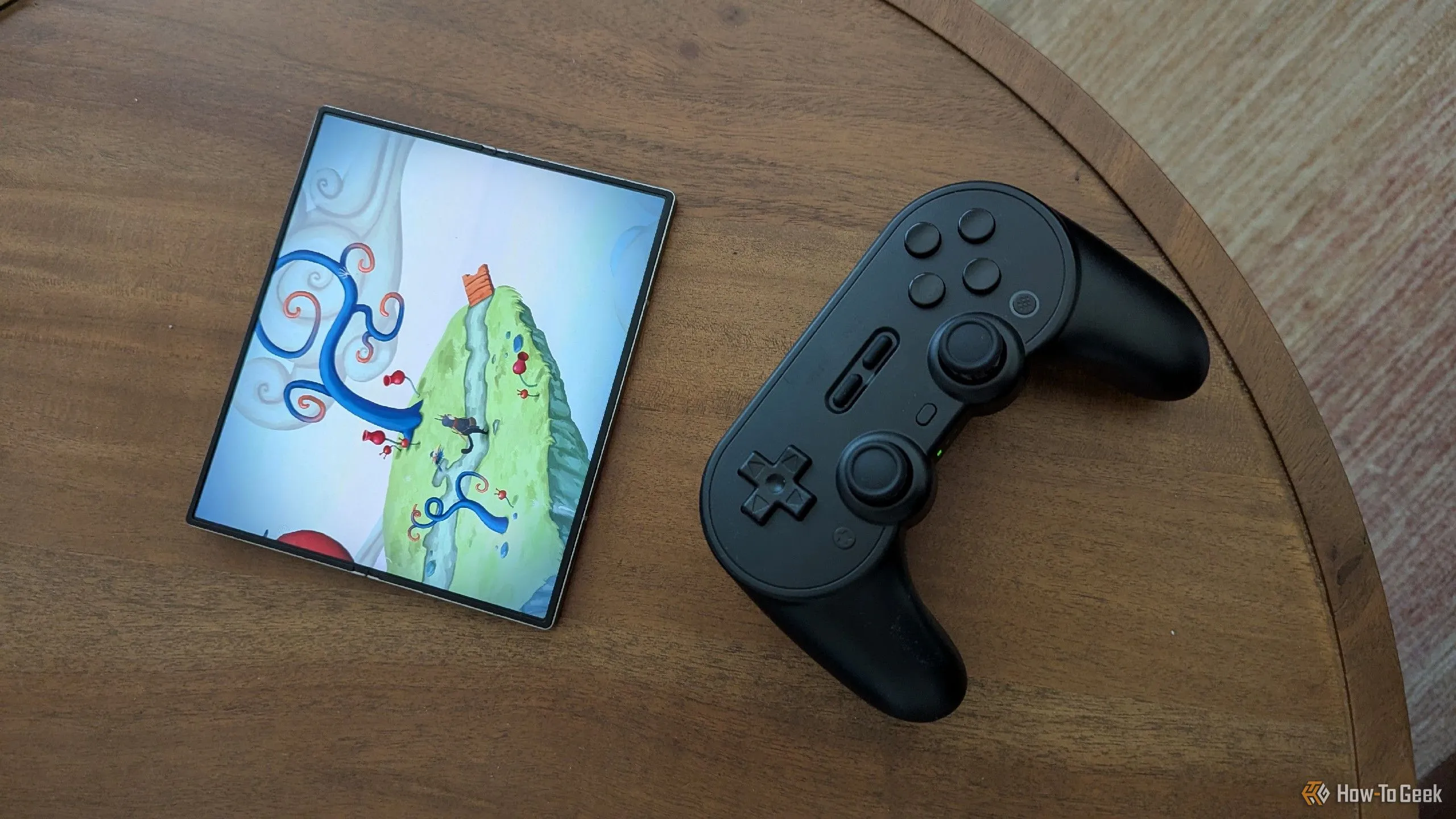 Game Figment đang chạy trên Samsung Galaxy Z Fold 6 kèm tay cầm 8BitDo Pro 2