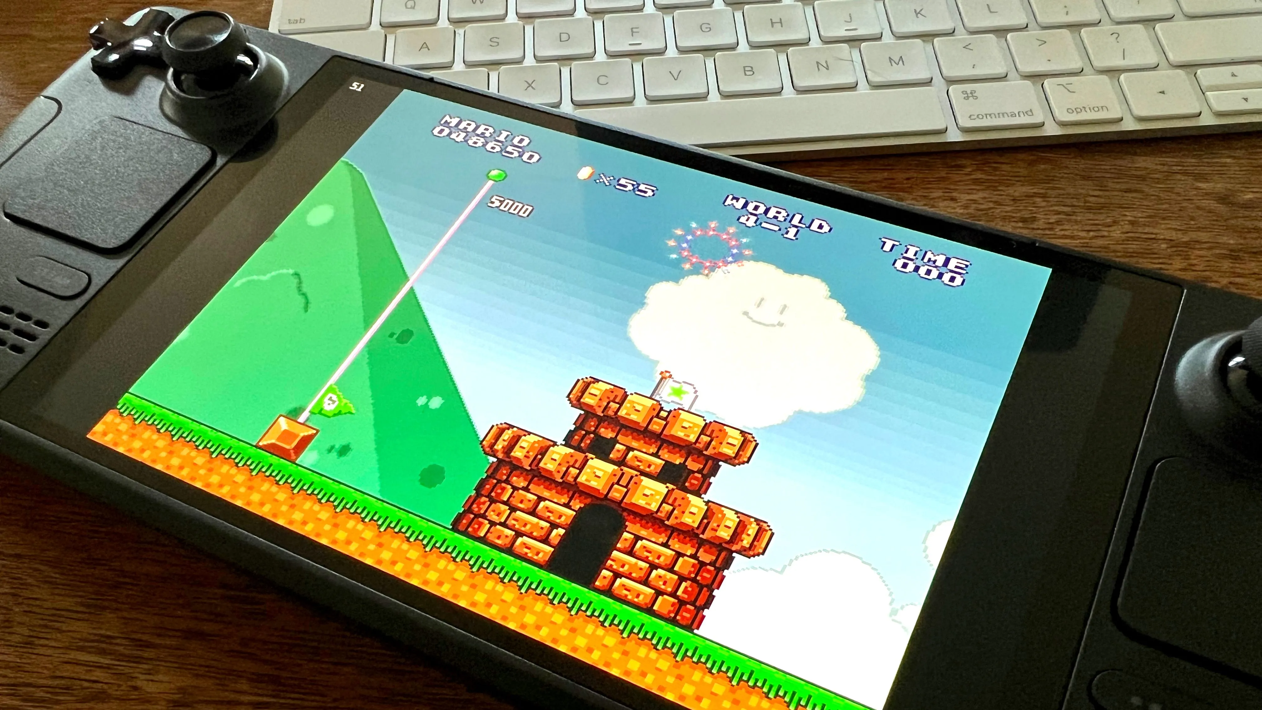 Game Super Mario All Stars đang chạy trên Steam Deck với màn hình &quot;level complete&quot;, minh họa khả năng giả lập game cổ điển