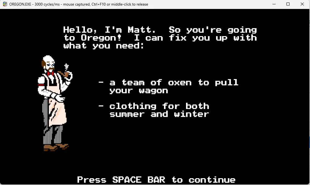 Game The Oregon Trail đang chạy mượt mà trong giả lập DOSBox Staging trên Windows