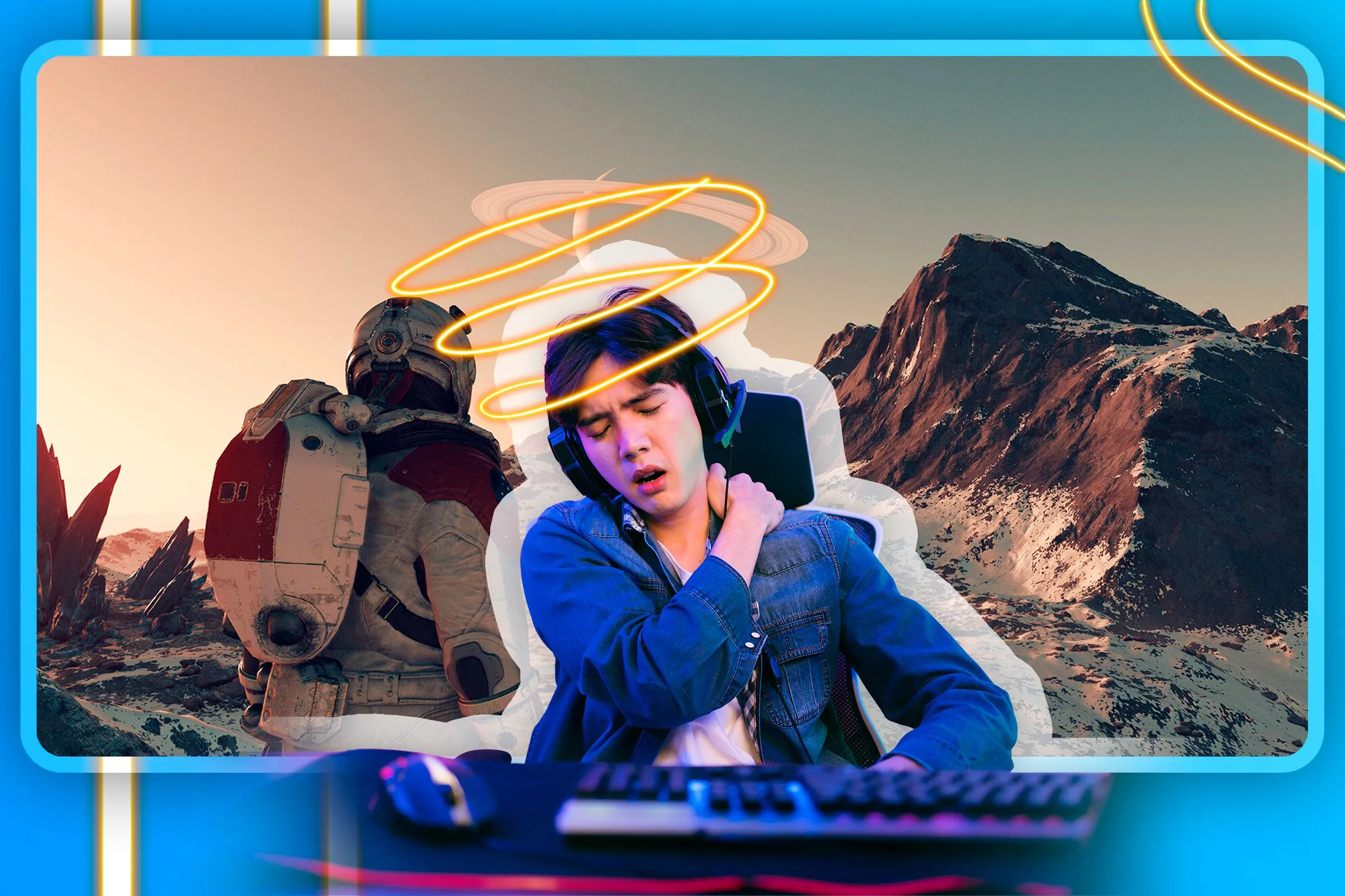 Game thủ mệt mỏi với màn hình game Starfield phía sau