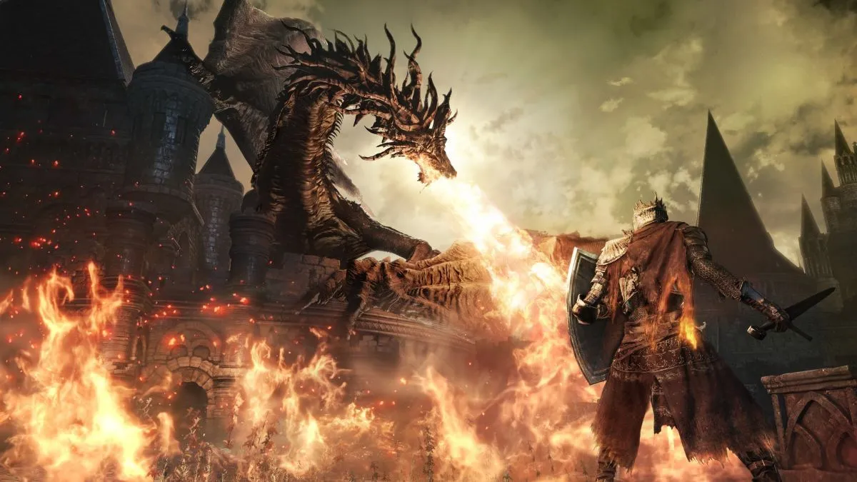 Game thủ với nhân vật &quot;xấu lạ&quot; đối đầu với một con rồng trong Dark Souls 3, thể hiện sự hài hước giữa bối cảnh game nghiêm túc.