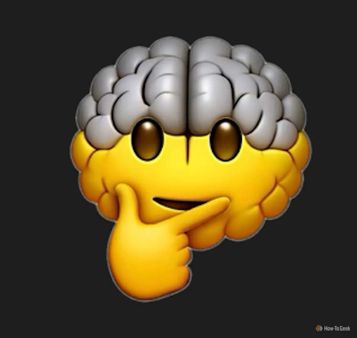 Genmoji bộ não đang &quot;suy nghĩ&quot; với khuôn mặt emoji biến đổi, một hình ảnh siêu thực và khó hiểu do AI tạo ra.