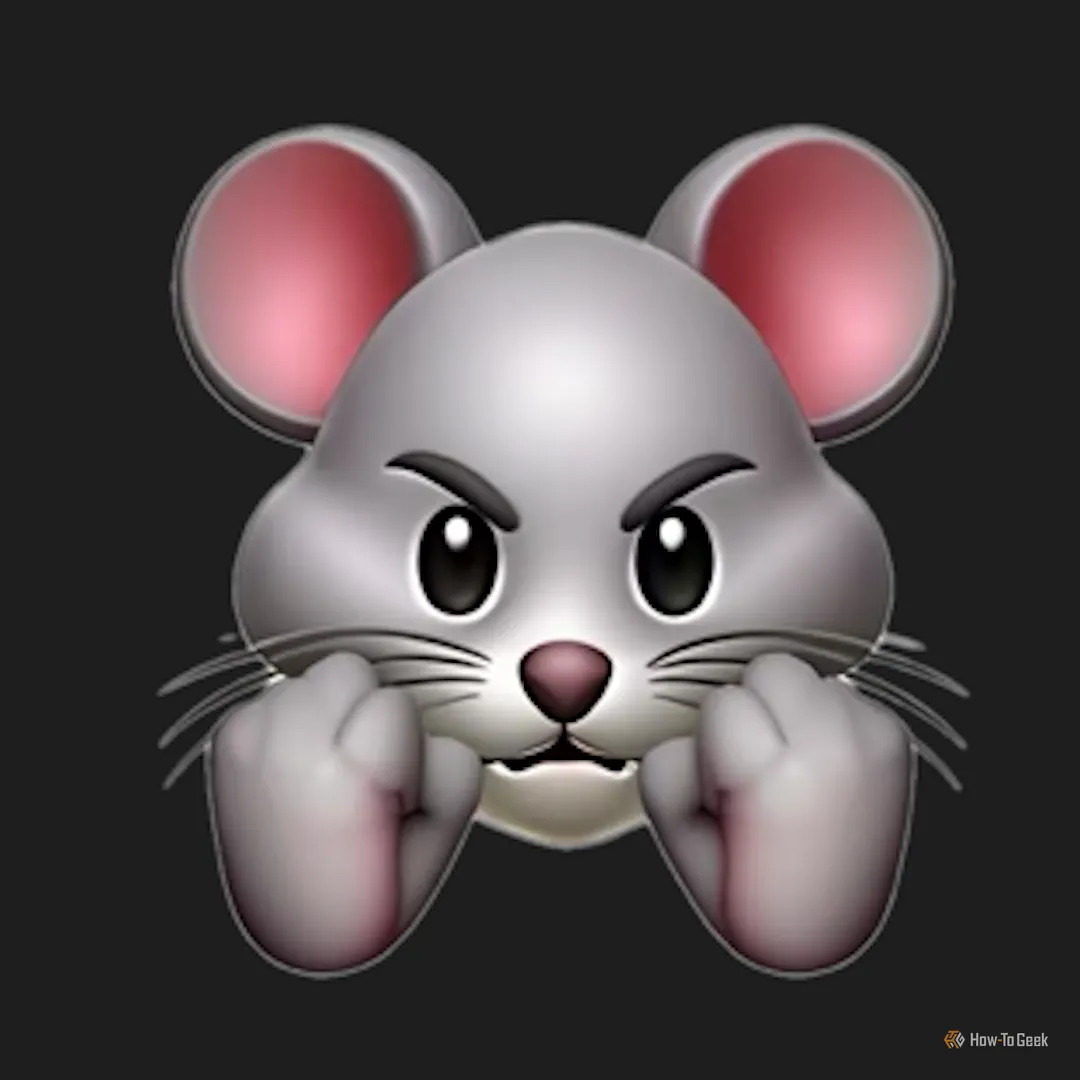 Genmoji chuột giận dữ với hai nắm đấm nhô ra từ má, một minh họa lỗi cấu trúc khi AI tạo hình ảnh phức tạp hơn.