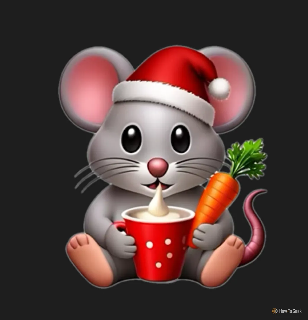 Genmoji hình chuột đội mũ Santa, cầm cà rốt và kem, dù có chi tiết chân người không mong muốn nhưng vẫn giữ được nét đáng yêu.
