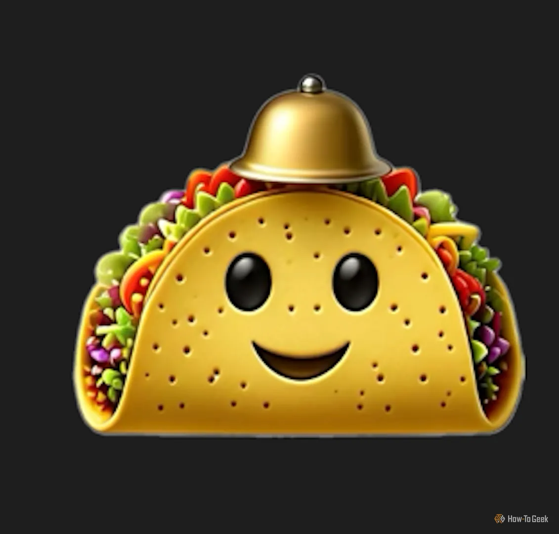 Genmoji hình taco đội mũ chuông với khuôn mặt cười đáng yêu, minh họa sự sáng tạo của AI tạo emoji của Apple.