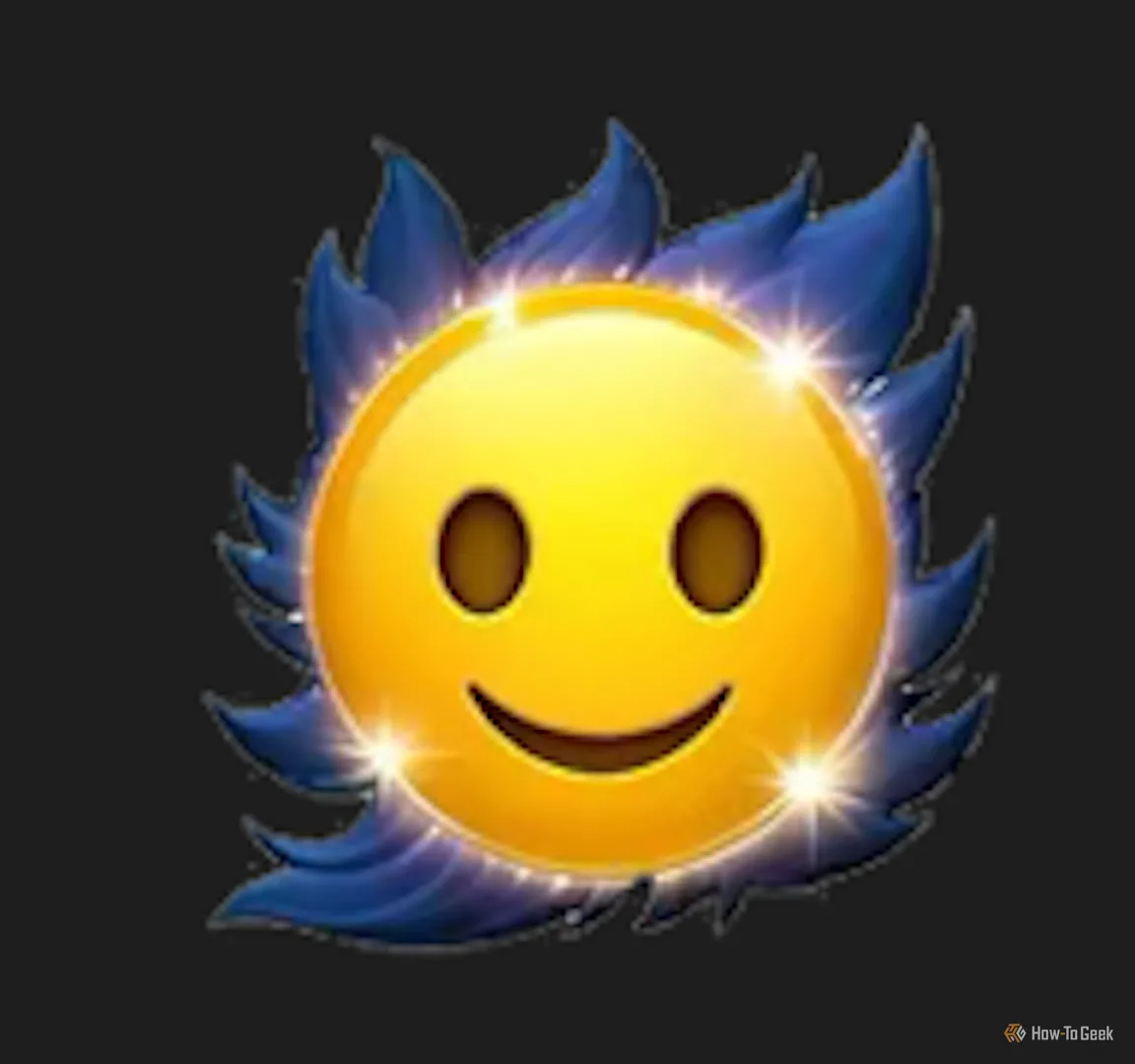 Genmoji khuôn mặt emoji với ngọn lửa xanh bùng cháy, gợi nhớ Safer Sephiroth trong Final Fantasy VII, thể hiện sức mạnh đáng sợ của AI.