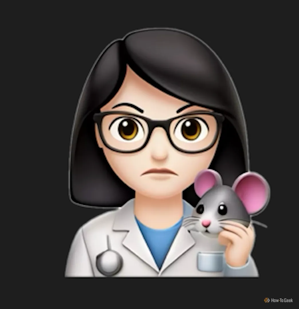 Genmoji người phụ nữ mặc áo lab coat với biểu cảm giận dữ và bàn tay biến dạng, ôm một chú chuột, minh họa lỗi trong việc tạo hình khuôn mặt và chi tiết cơ thể.