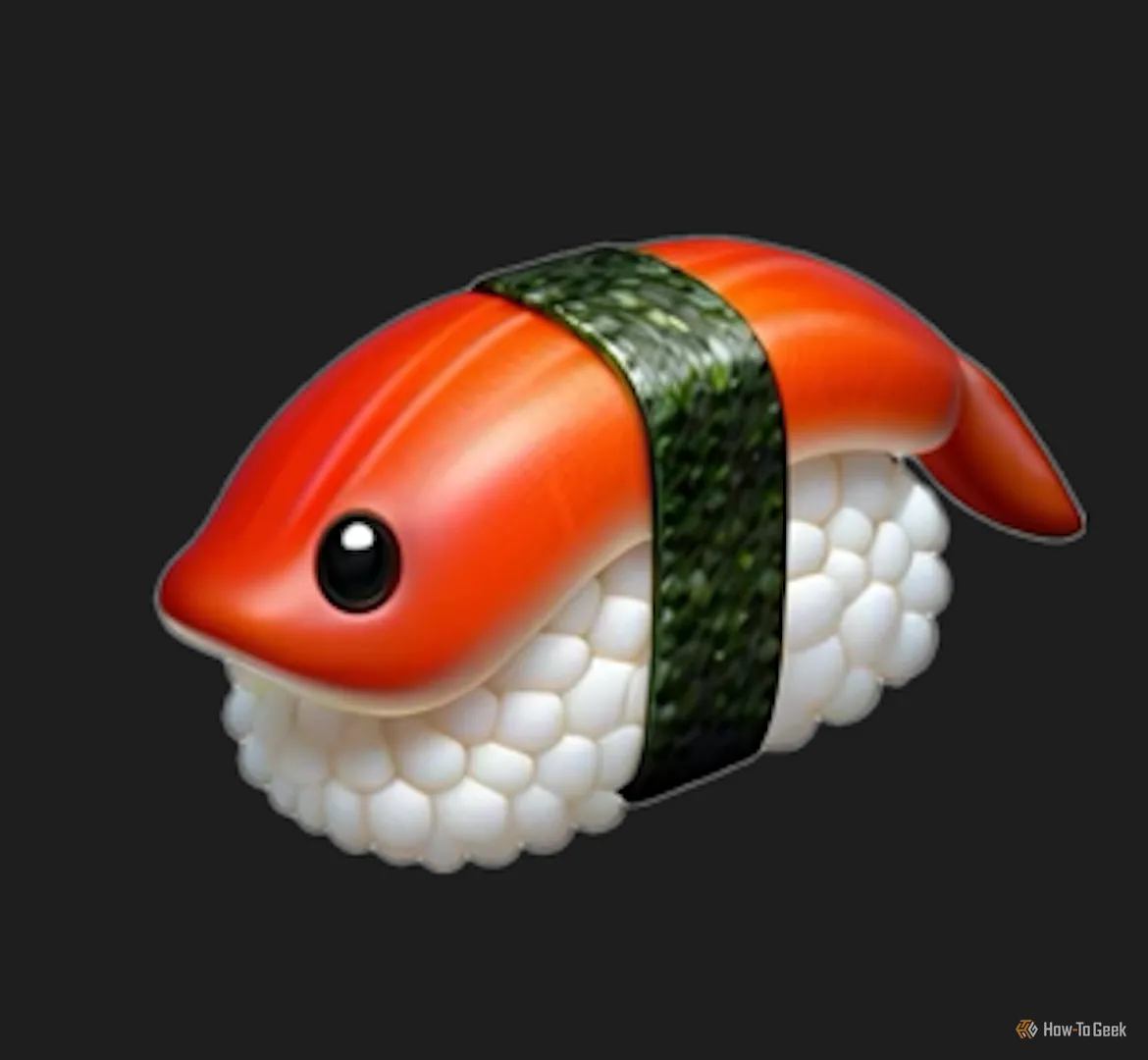 Genmoji sushi &quot;sống&quot; với đôi mắt to tròn, một ví dụ về khả năng tạo hình đáng sợ của AI khi diễn giải các ý tưởng siêu thực.